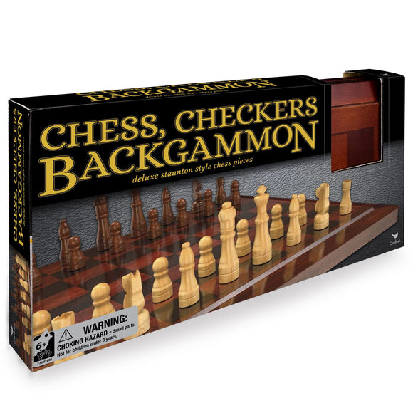 Deluxe Wooden Chess, Checkers and Backgammon Set